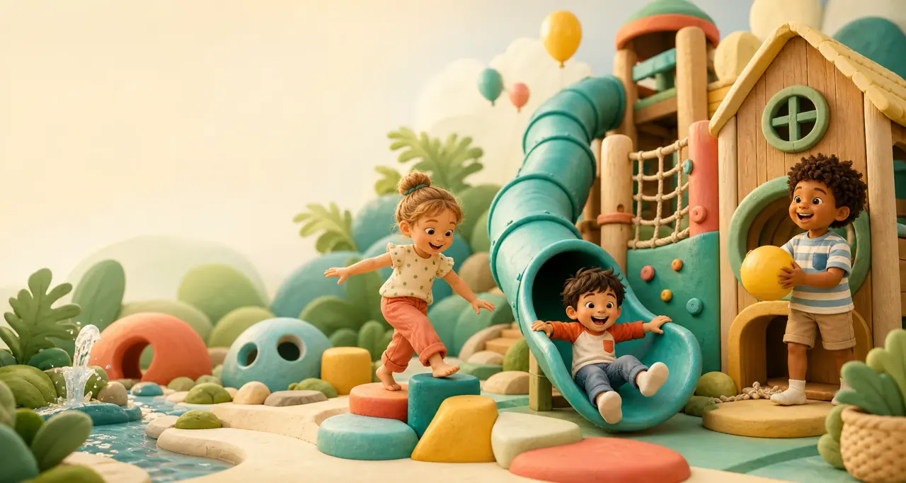Websiteconcept voor Hullie met kinderen in een zachte driedimensionale speelwereld